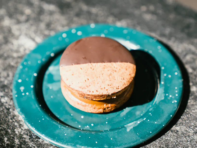 Alfajor bañado en chocolate sobre plato verde, pastelería de honesto bakery