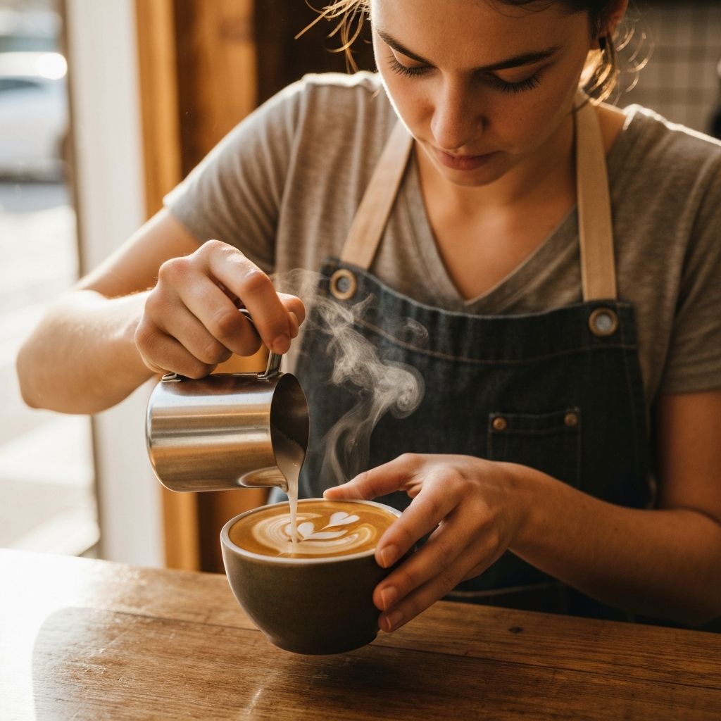 Café vertido con precisión en taza de cerámica