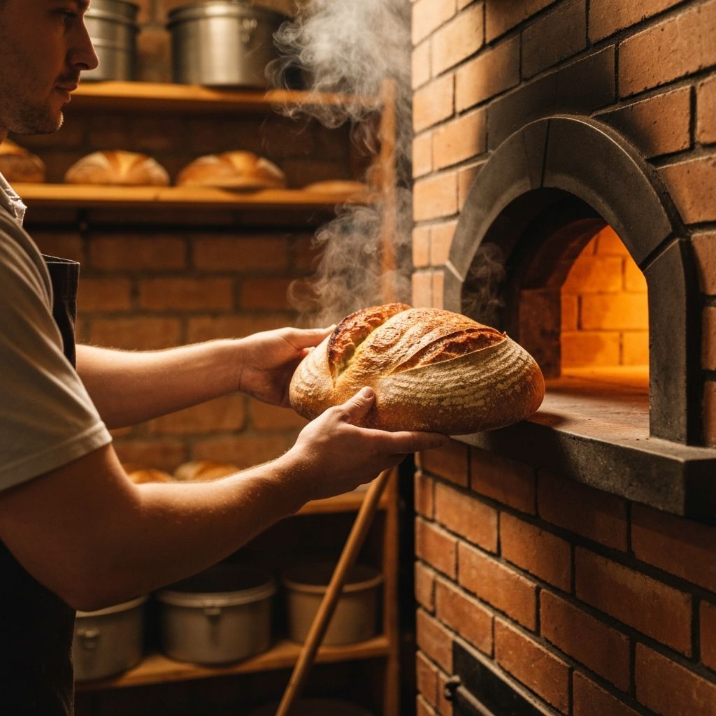 Pan artesanal saliendo del horno de leña en honesto